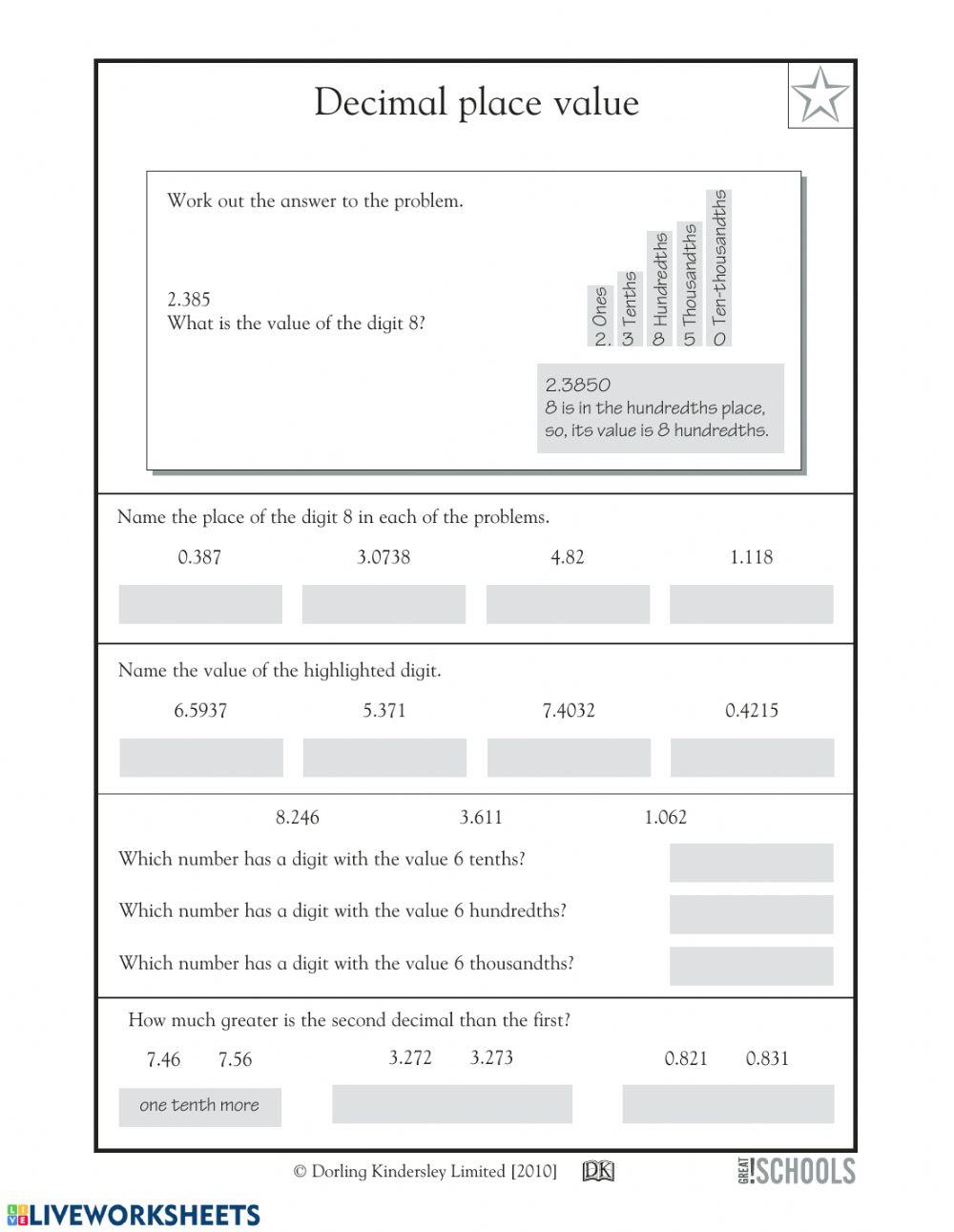 Decimal place value worksheet Live Worksheets