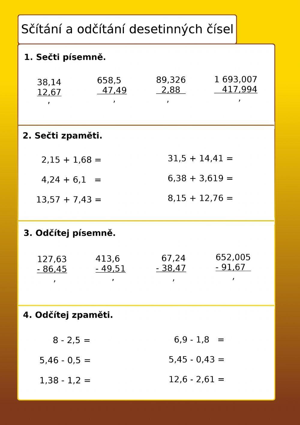 Desetinná čísla - sčítání a odčítání