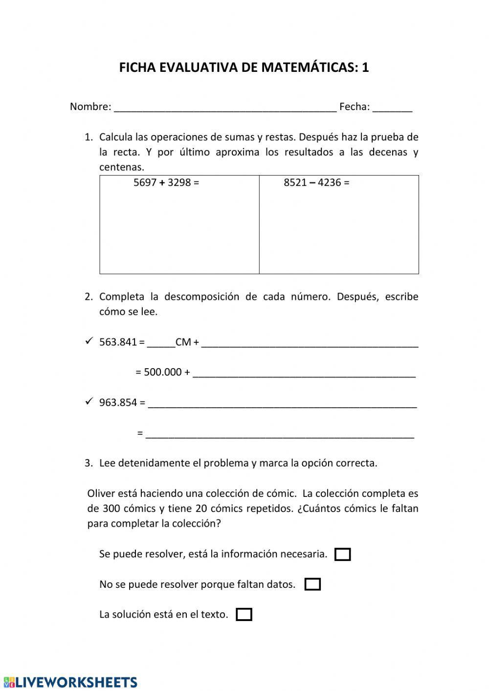 Ficha evaluativa matematicas 1