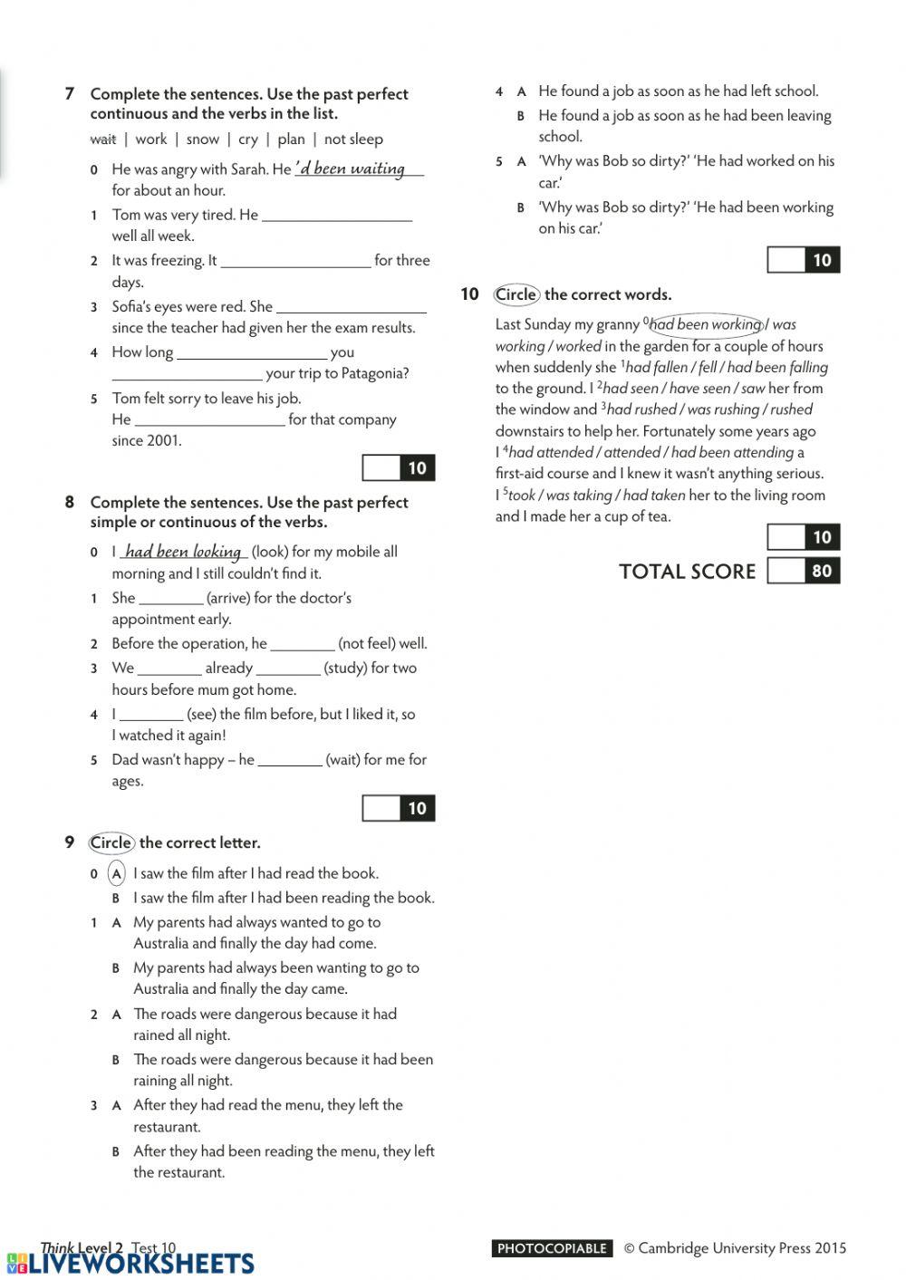 Think 2 Unit 10 Test
