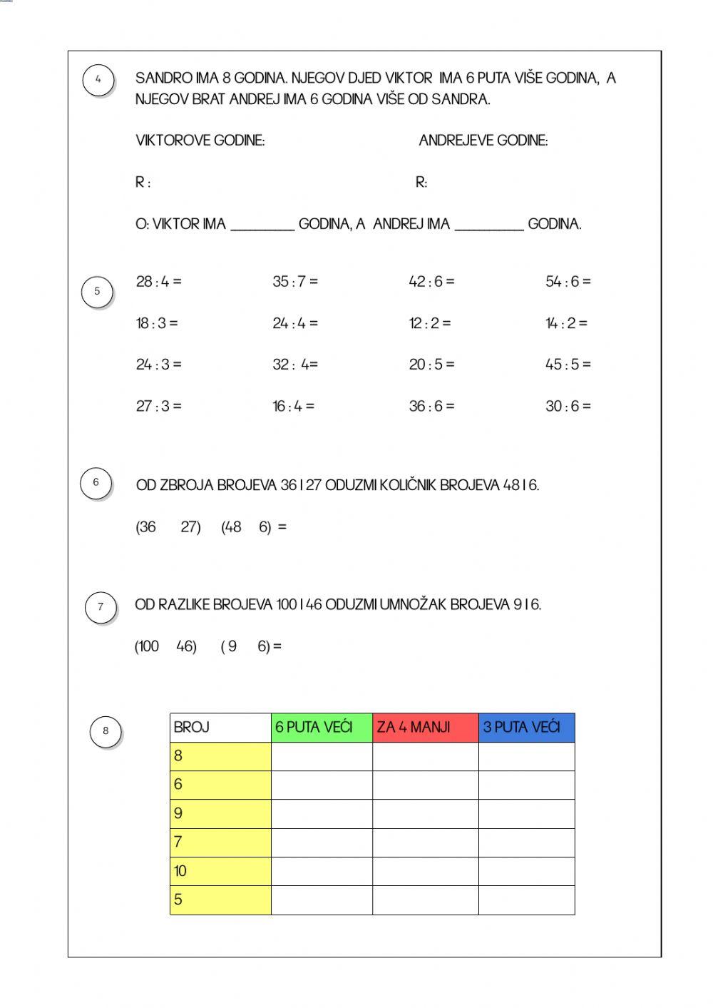 Množenje i idijeljenje brojevima 2,3,4,5,6 i 10