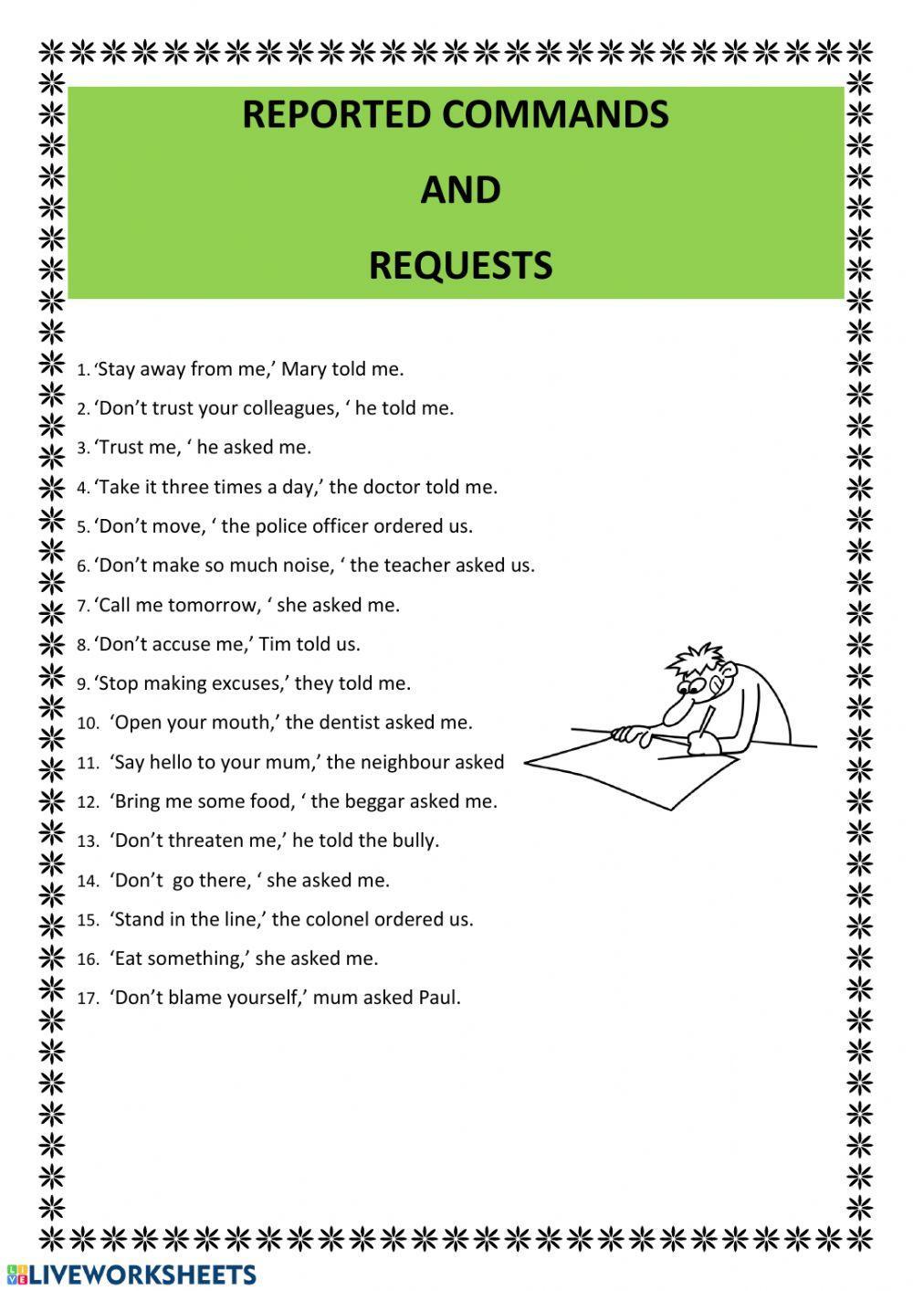 Reported commands requests. Reported Commands Worksheets. Reported Commands упражнения. Reported Speech Commands Worksheets. Reported Commands and requests