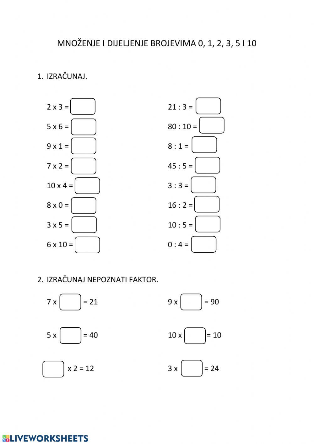 Množenje i dijeljenje brojevima 0, 1, 2, 3, 5, i 10