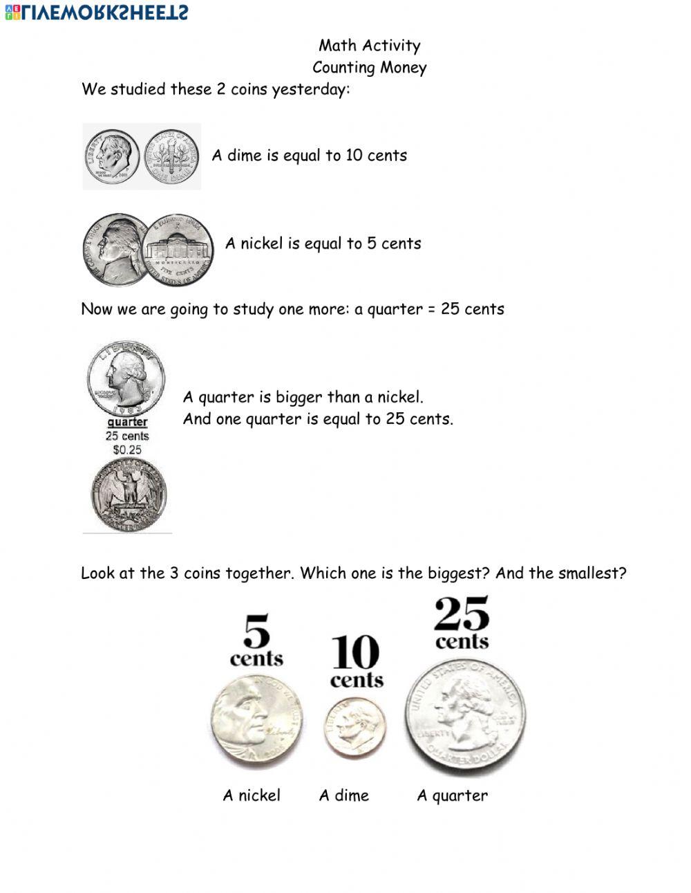 Math quarter dime nickel activity April 7 Seusses
