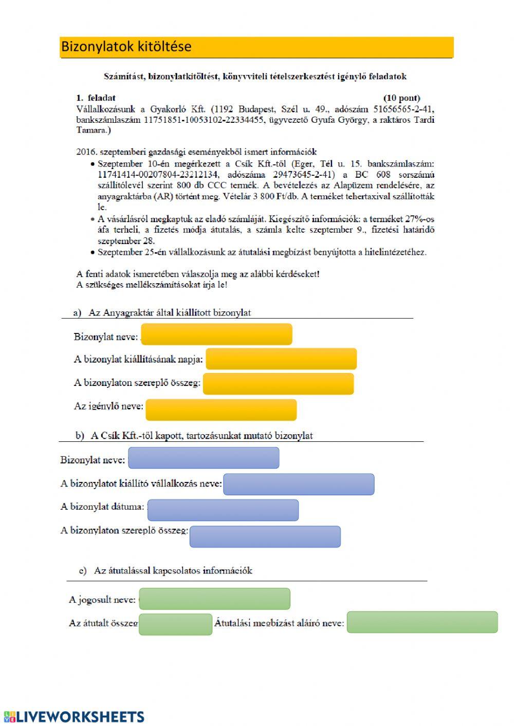 Bizonylatok kitöltése