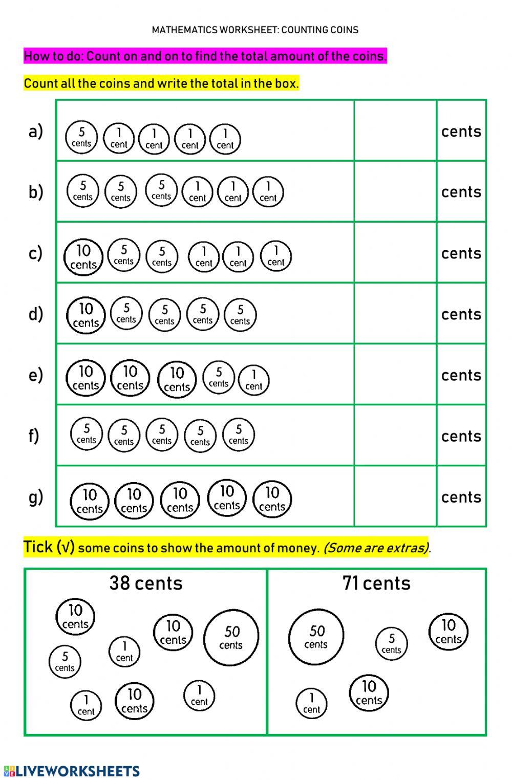 Worksheet 10 COUNTING COINS