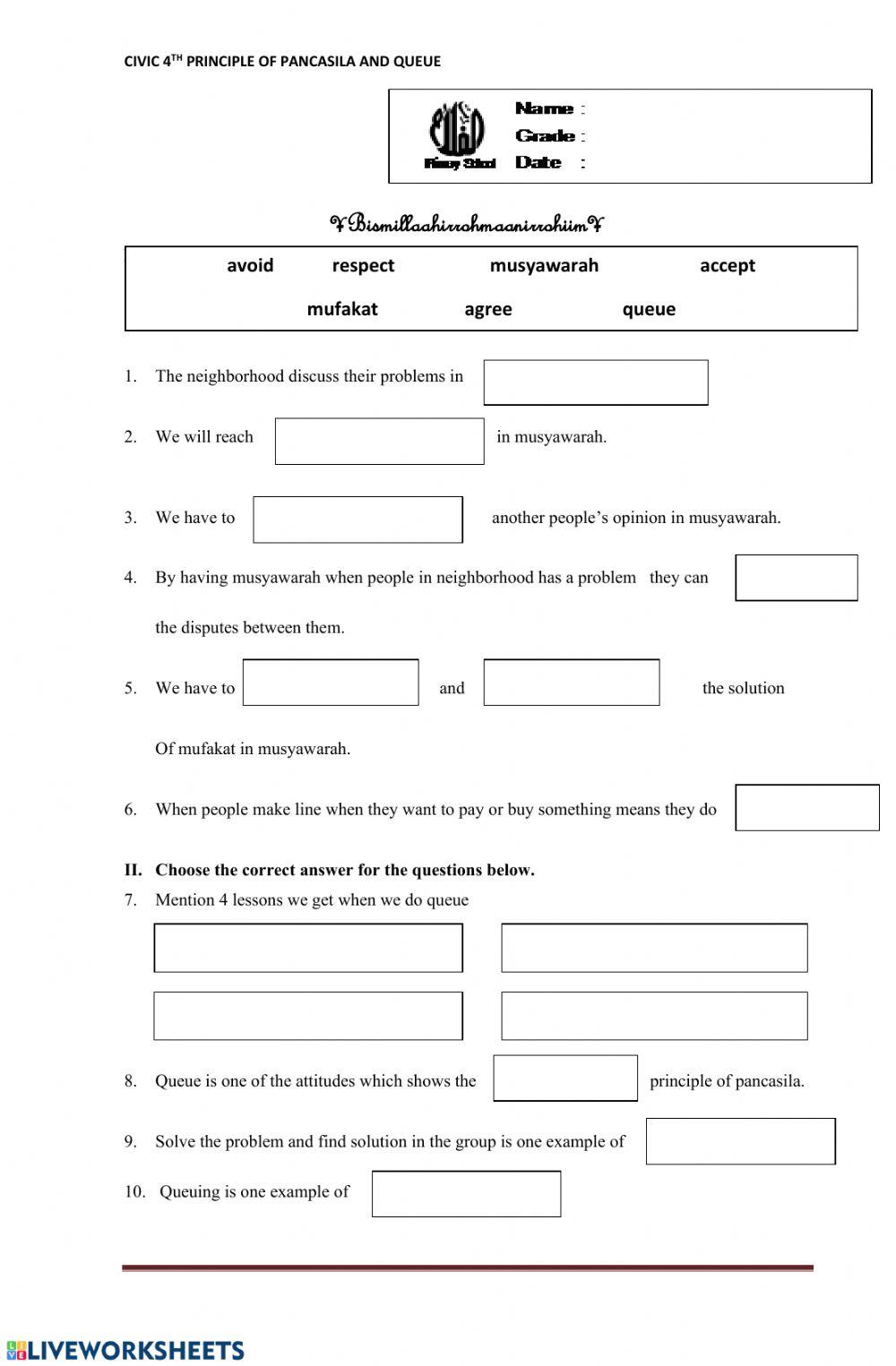 Civic worksheet fourth and queue