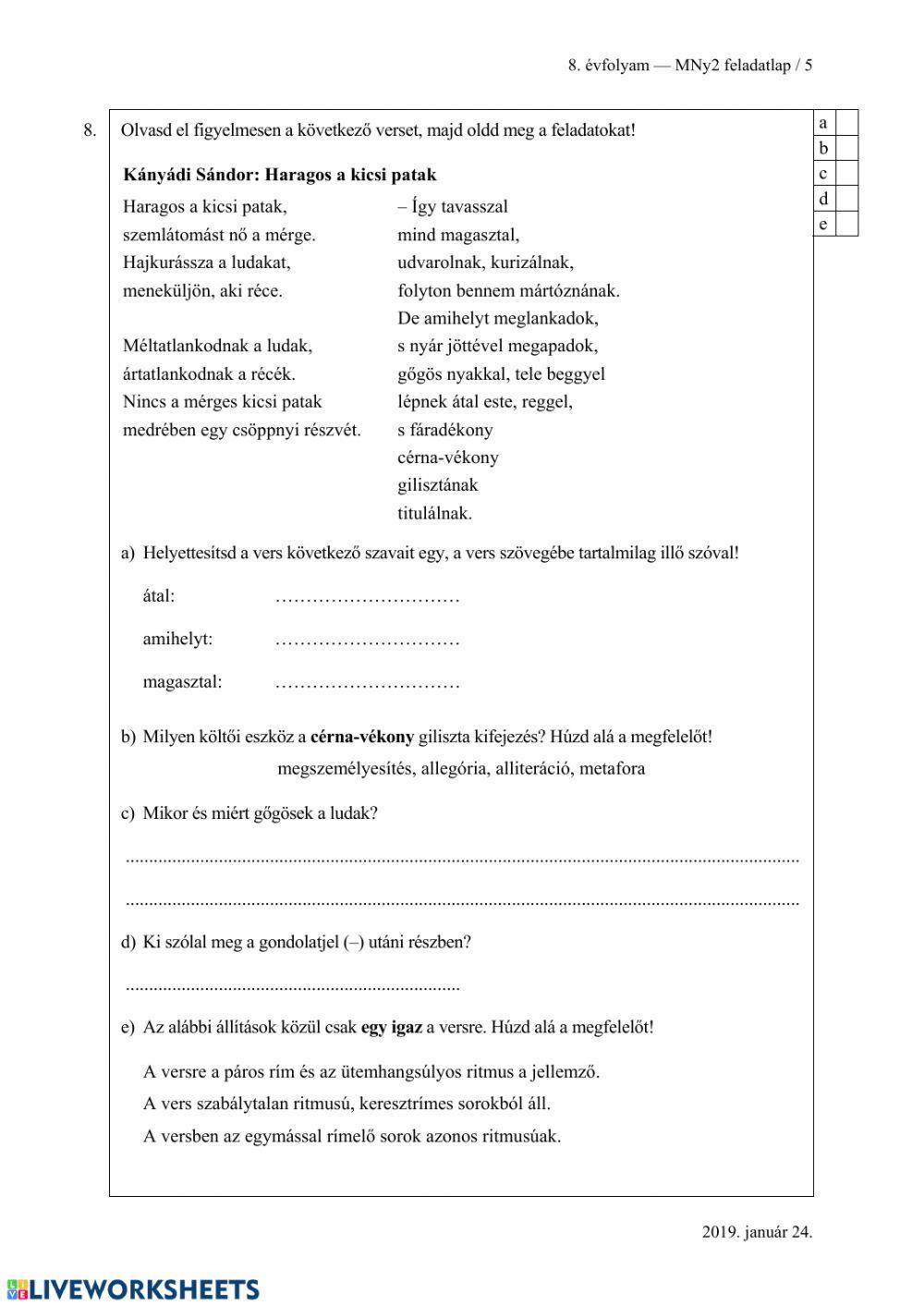 Magyar nyelvi feladatlap