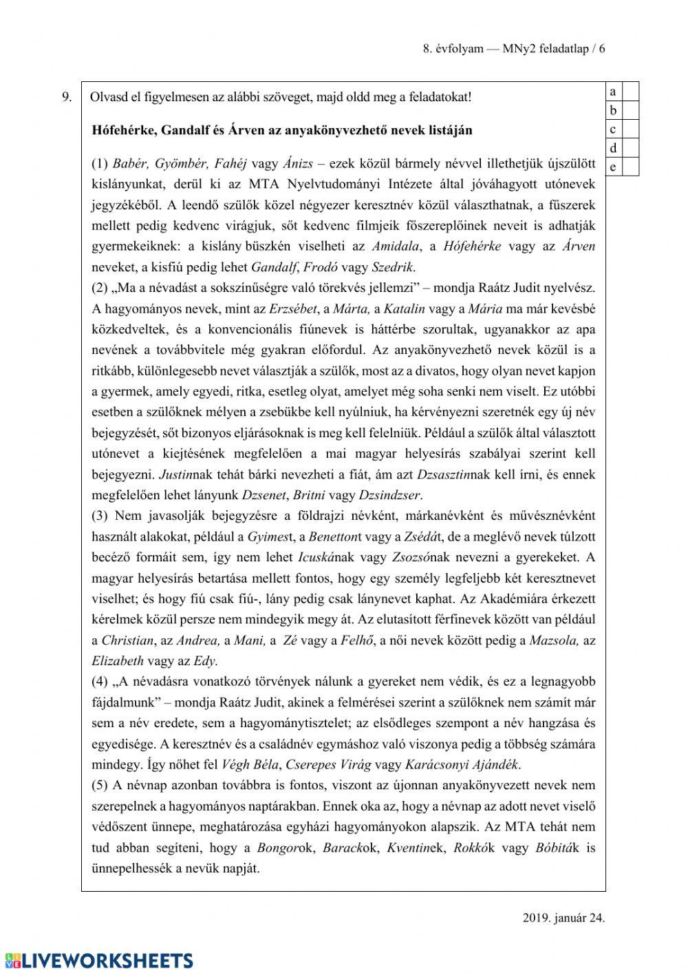 Magyar nyelvi feladatlap