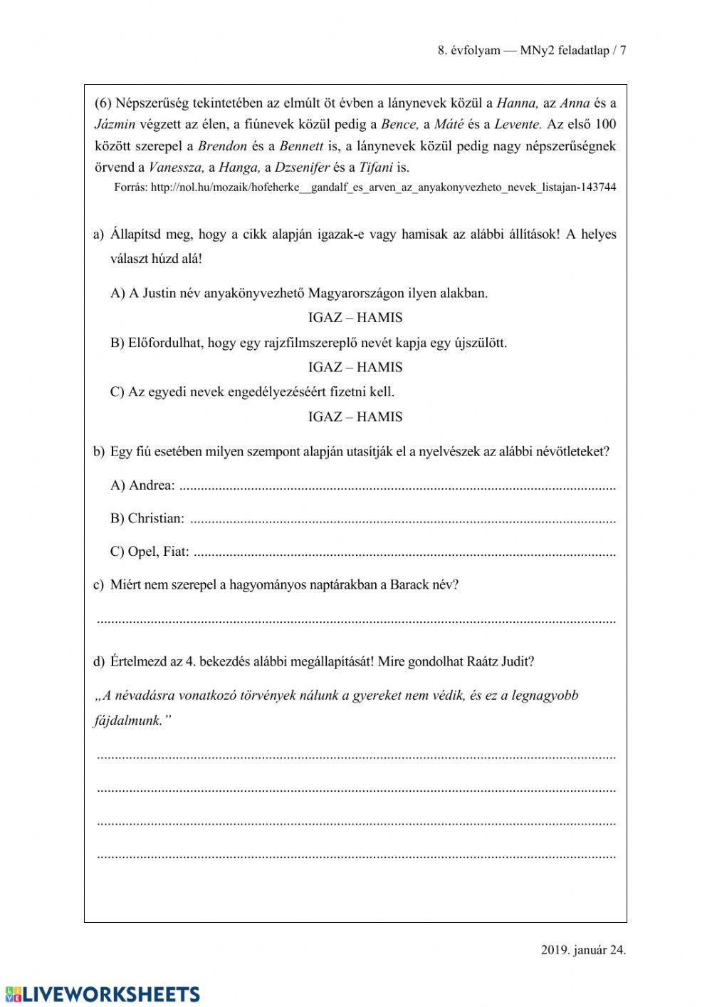 Magyar nyelvi feladatlap