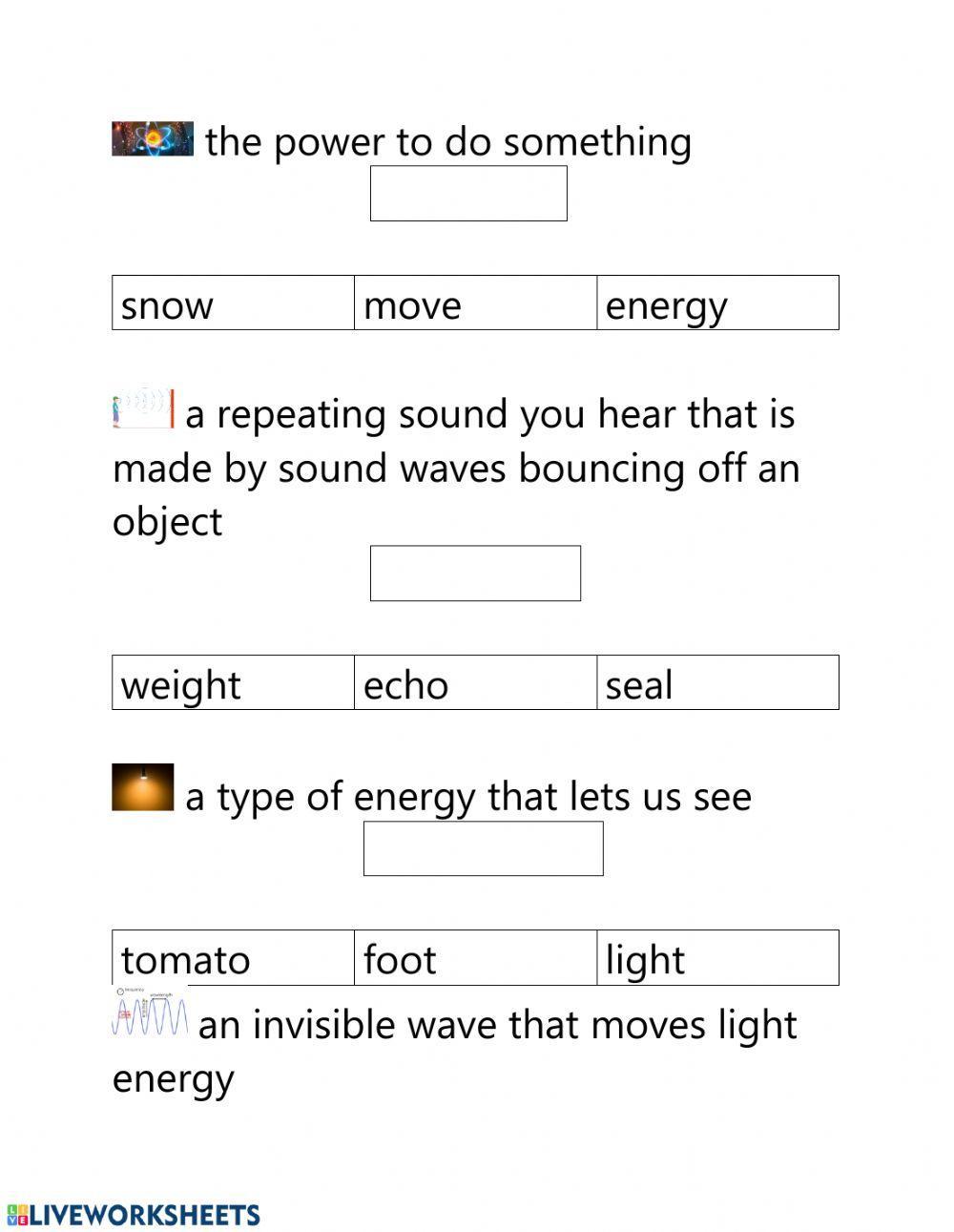 Words about sound and light matching to their definition