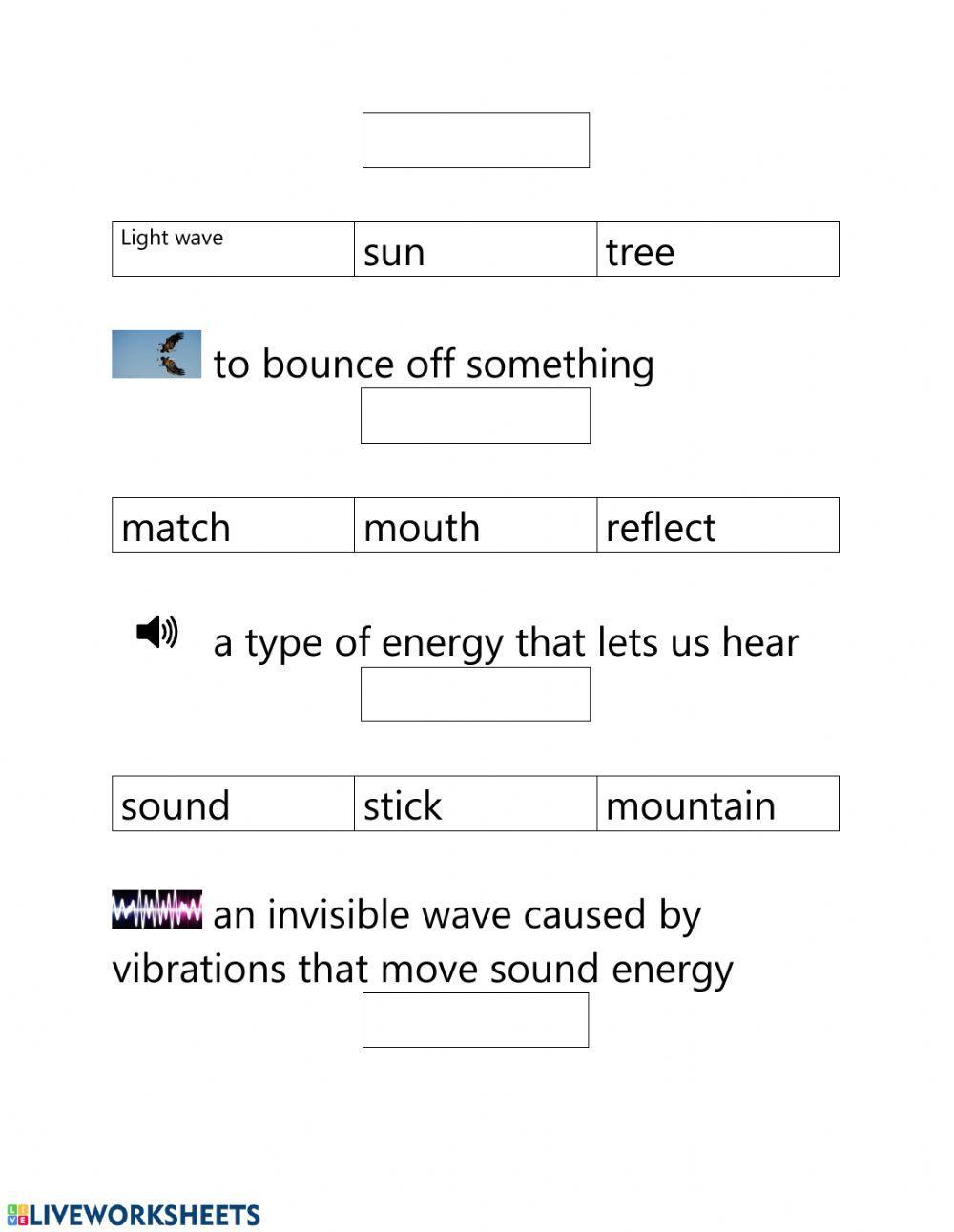 Words about sound and light matching to their definition