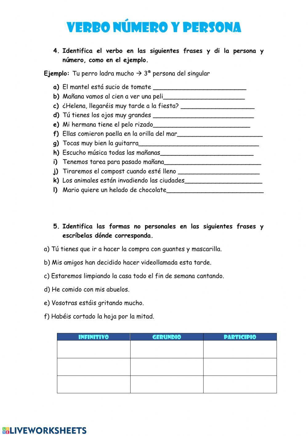 Verbo: número y persona worksheet | Live Worksheets