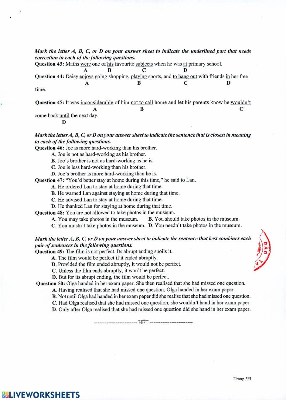 Đề minh họa 2020