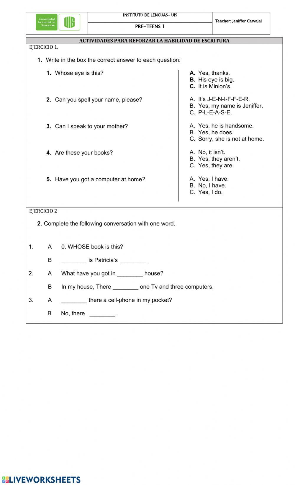 Actividades para reforzar la habilidad escritura