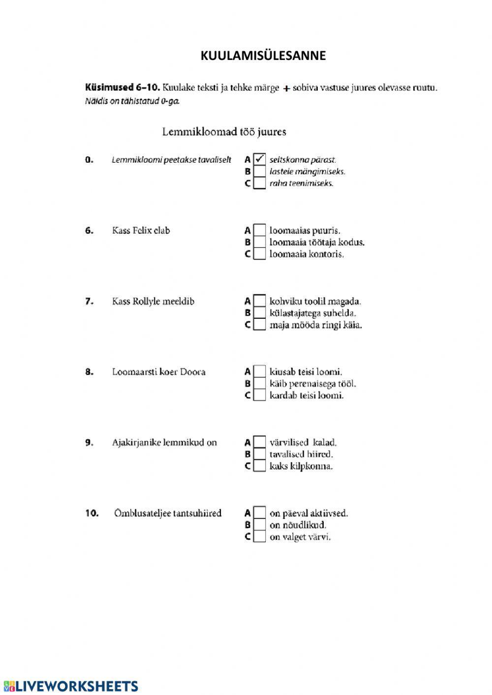 KUULAMISÜLESANNE-Lemmikloomad töö juures