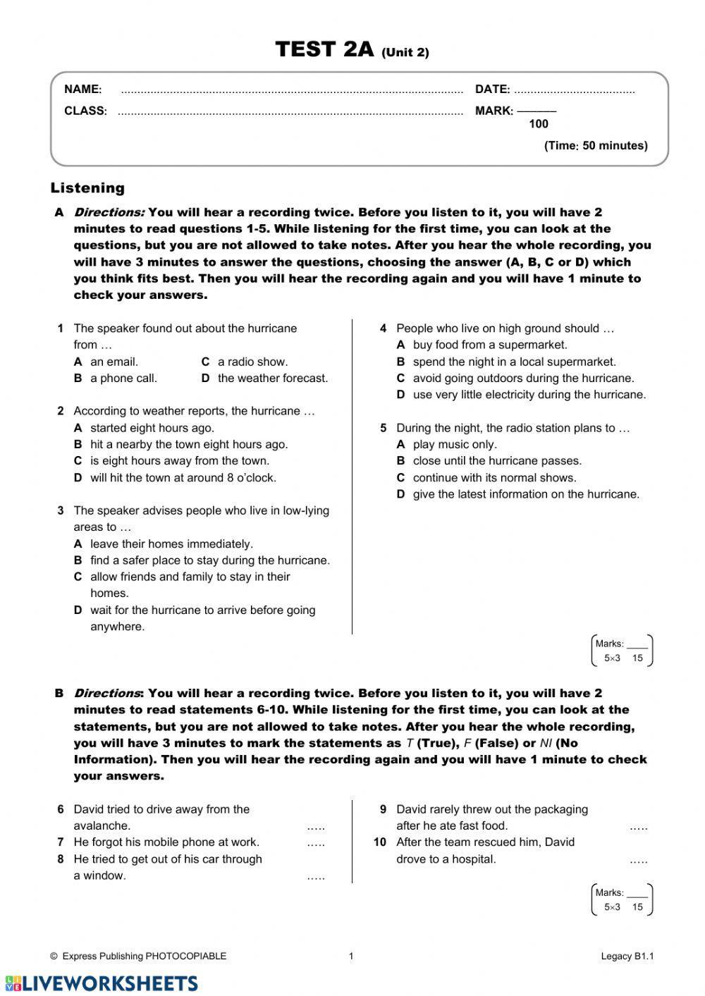 Legacy - B1.1 - Unit 2 -Test 2A
