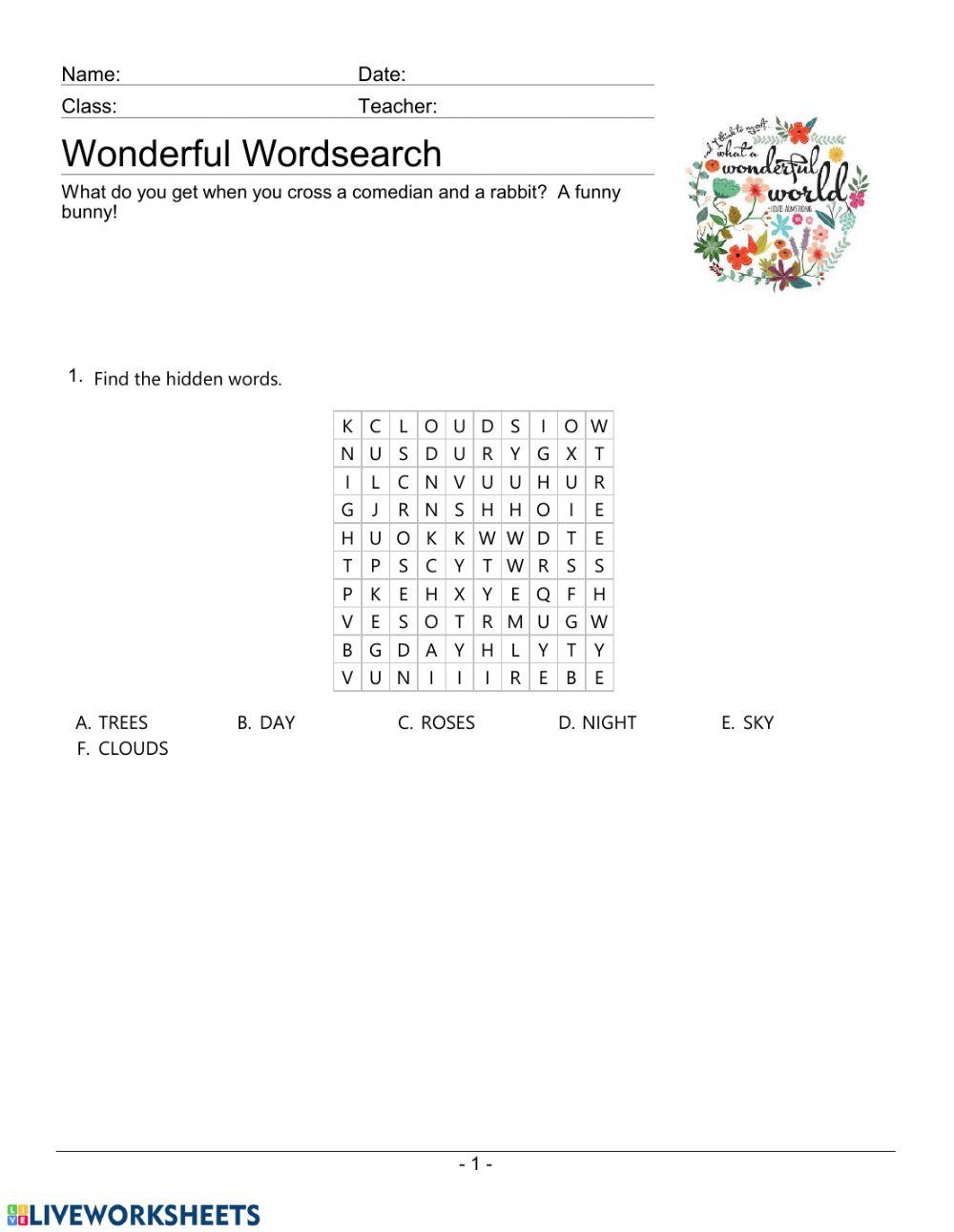 I see trees of green wordsearch
