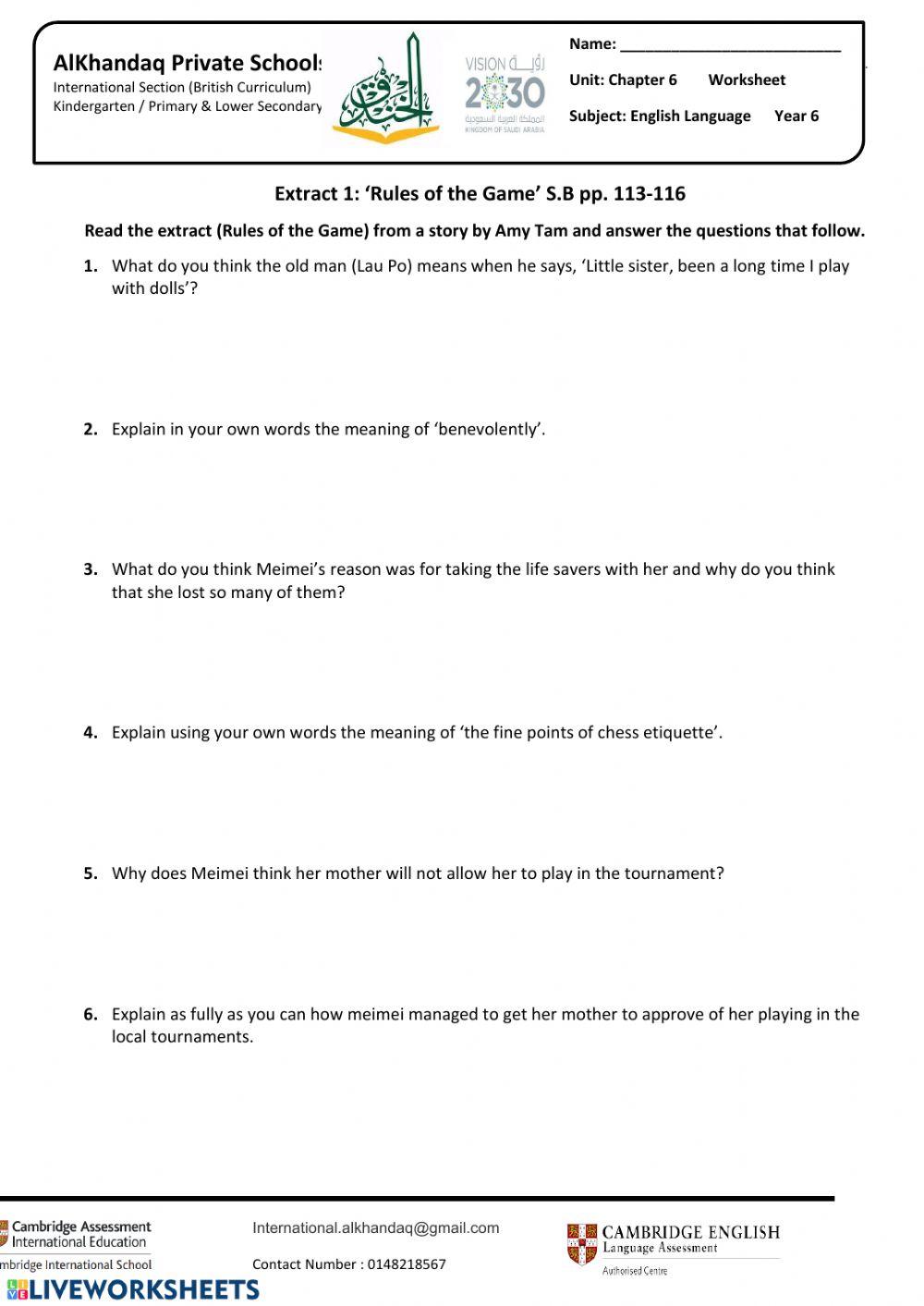 Rules of the game Grade 6 English online exercise for | Live Worksheets