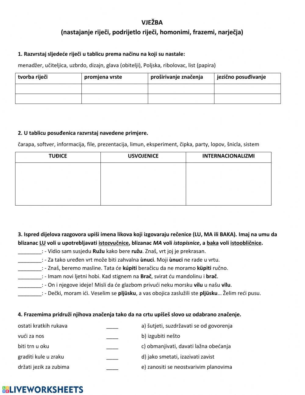 VJEŽBA: nastajanje riječi, podrijetlo riječi, homonimi, frazemi, narječja