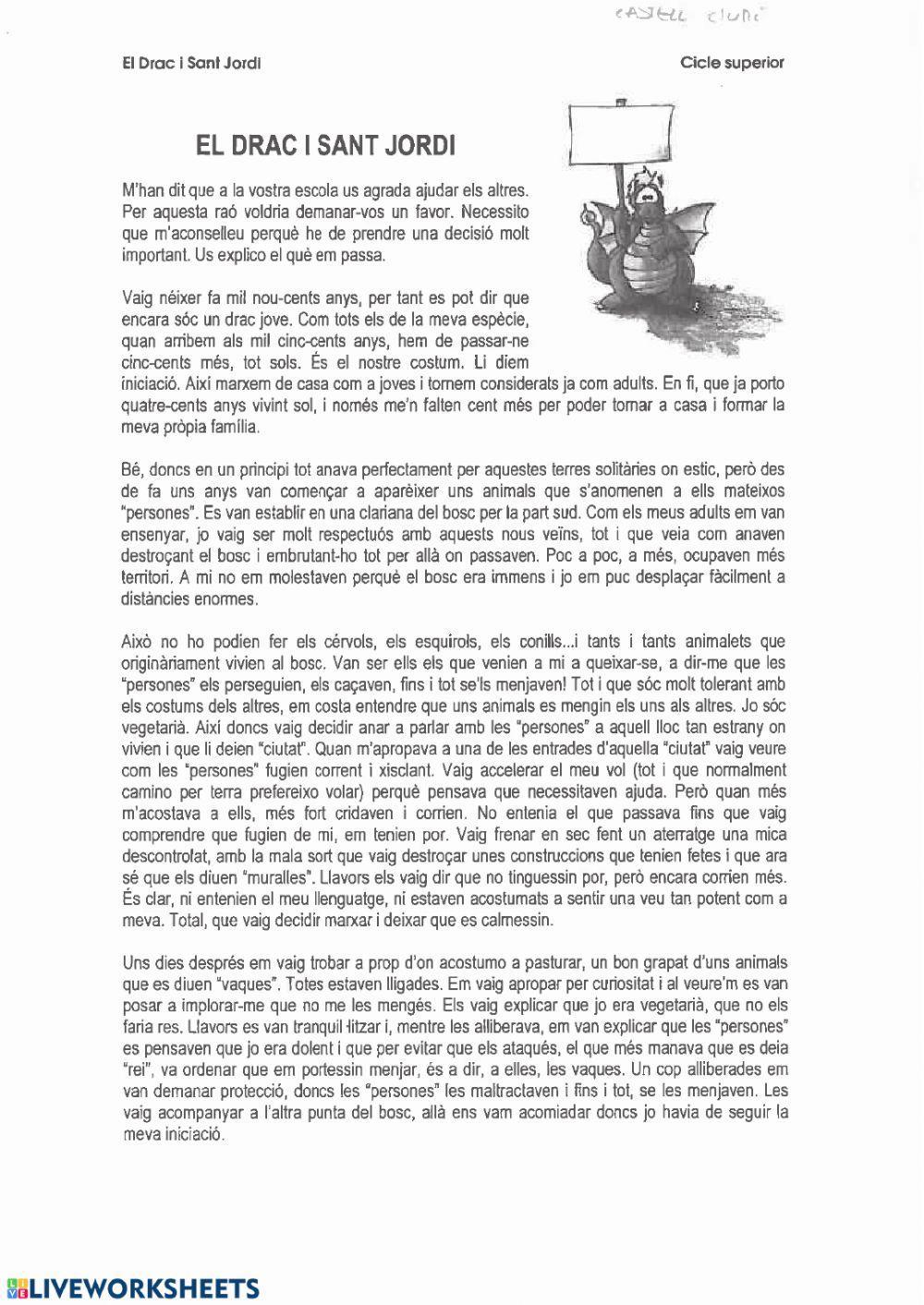 Comprensió lectora. Sant Jordi Comprensió lectora. Sant Jordi
