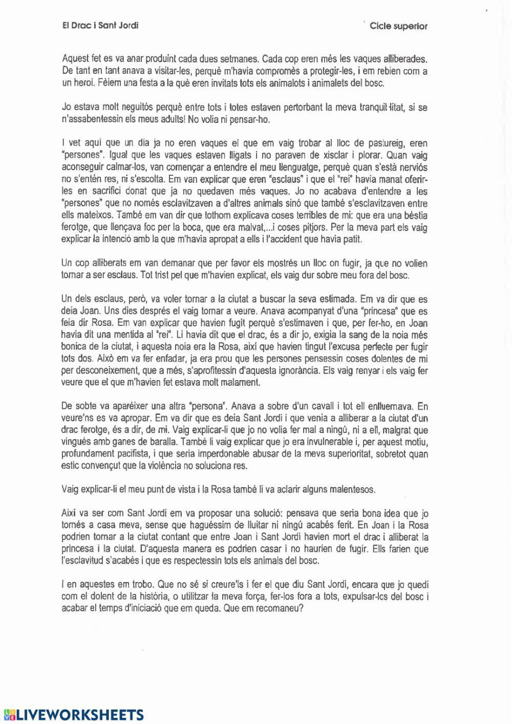 Comprensió lectora. Sant Jordi Comprensió lectora. Sant Jordi