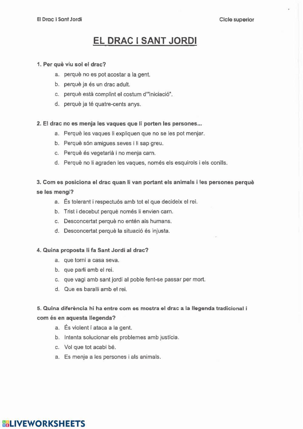 Comprensió lectora. Sant Jordi Comprensió lectora. Sant Jordi