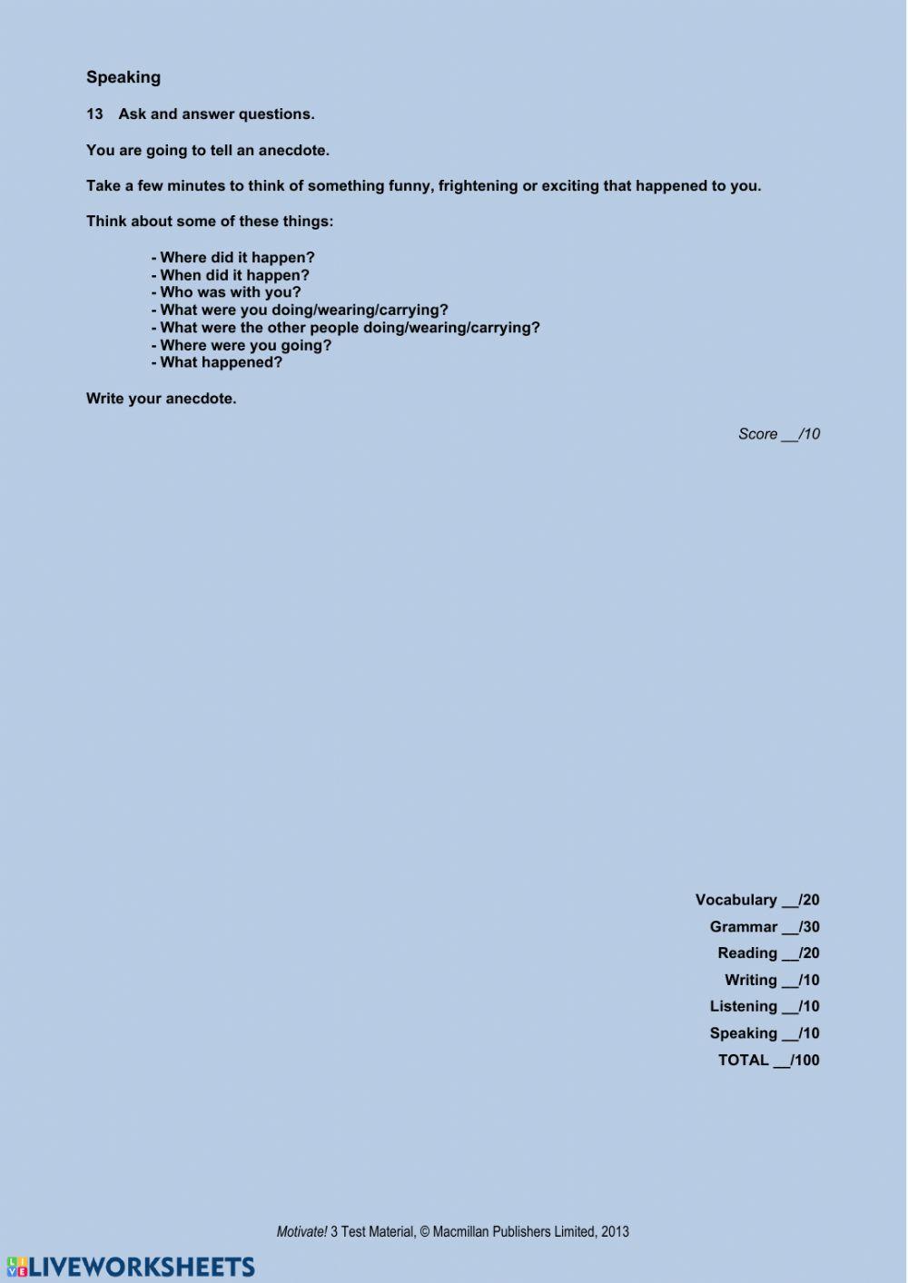 Motivate! 3 Progress Test Standard Unit 3