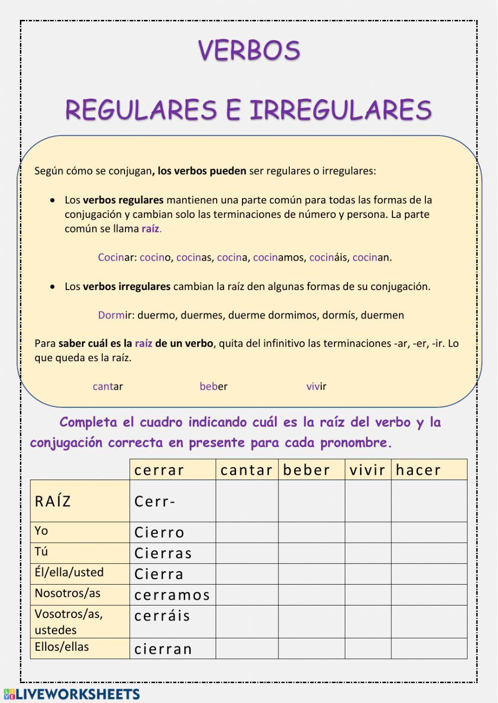 Hoja De Trabajo De Verbos Regulares