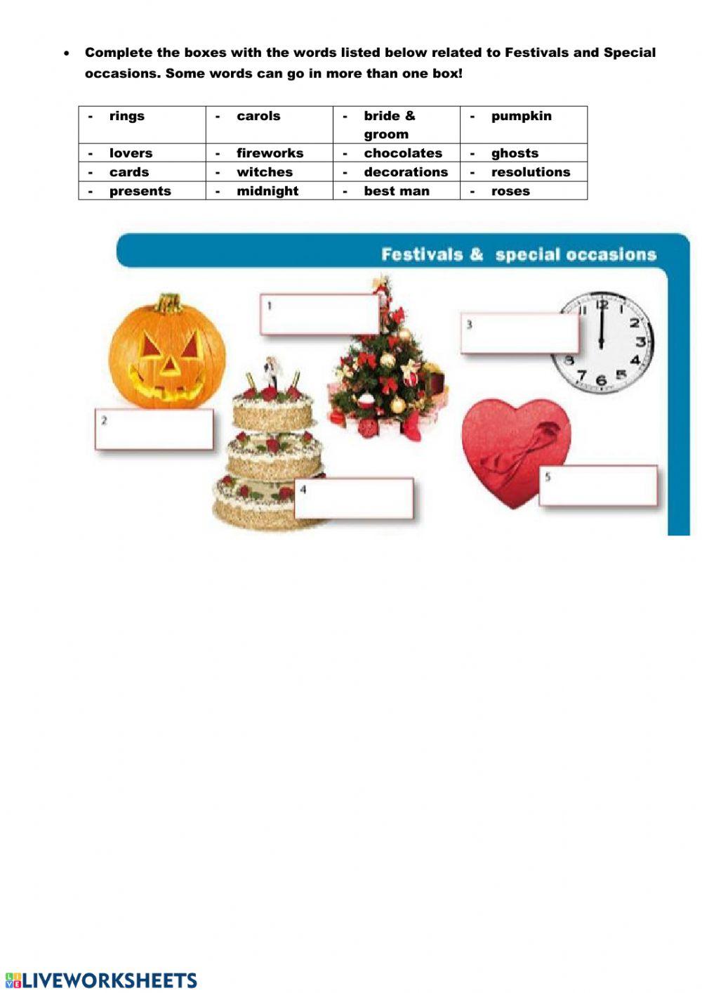 Festivals and special occasions - Complete the boxes - Trinity