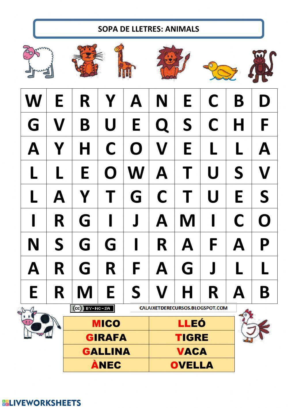 Sopa de lletres animals n1 Sopa de lletres animals n1