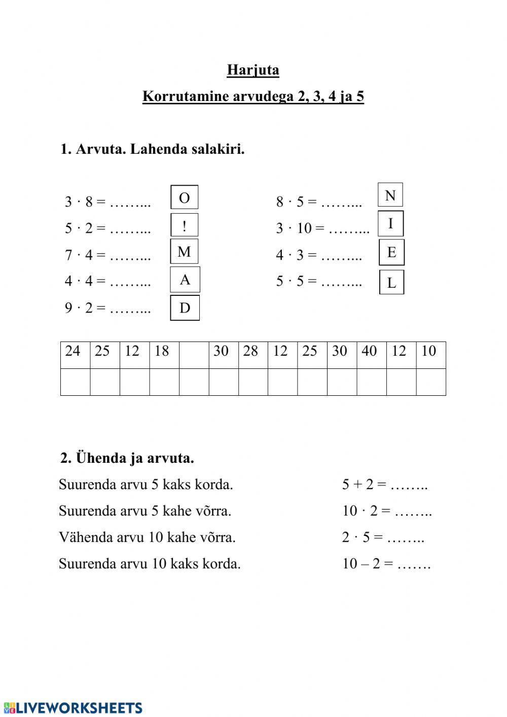 Korrutamine arvudega 2-5