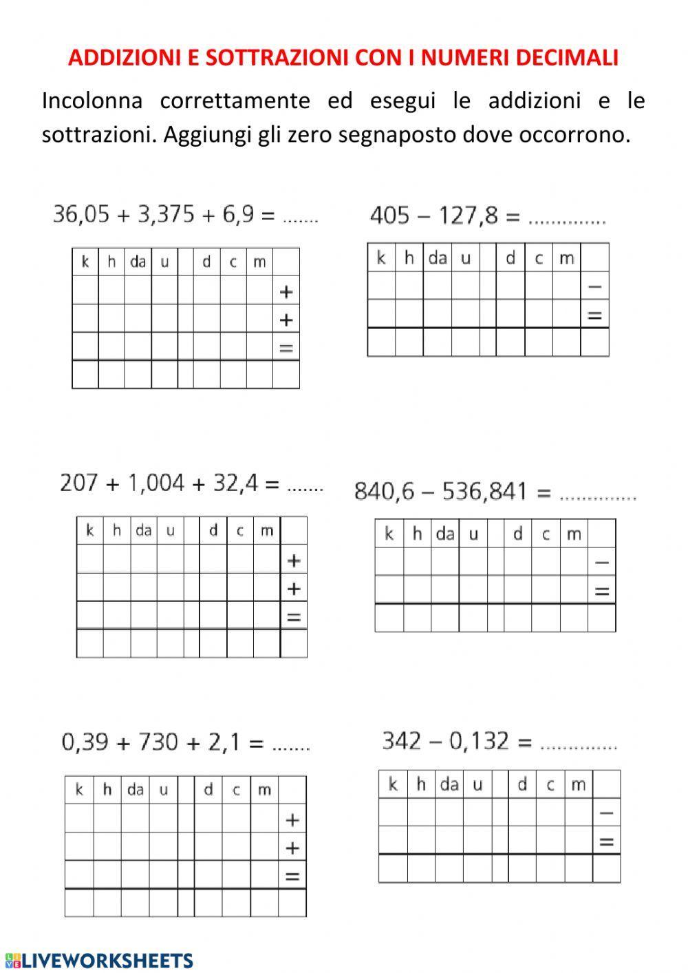 Addizioni e sottrazioni con i decimali