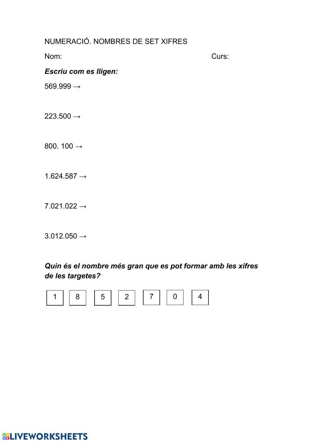 Numeració. nombres de set xifres
