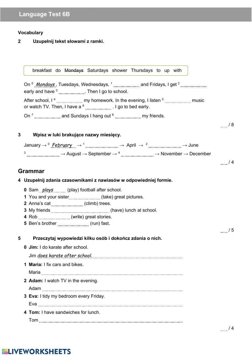 English Class A1+ Unit 2 english class A1 unit 6 test online exercise for | Live Worksheets