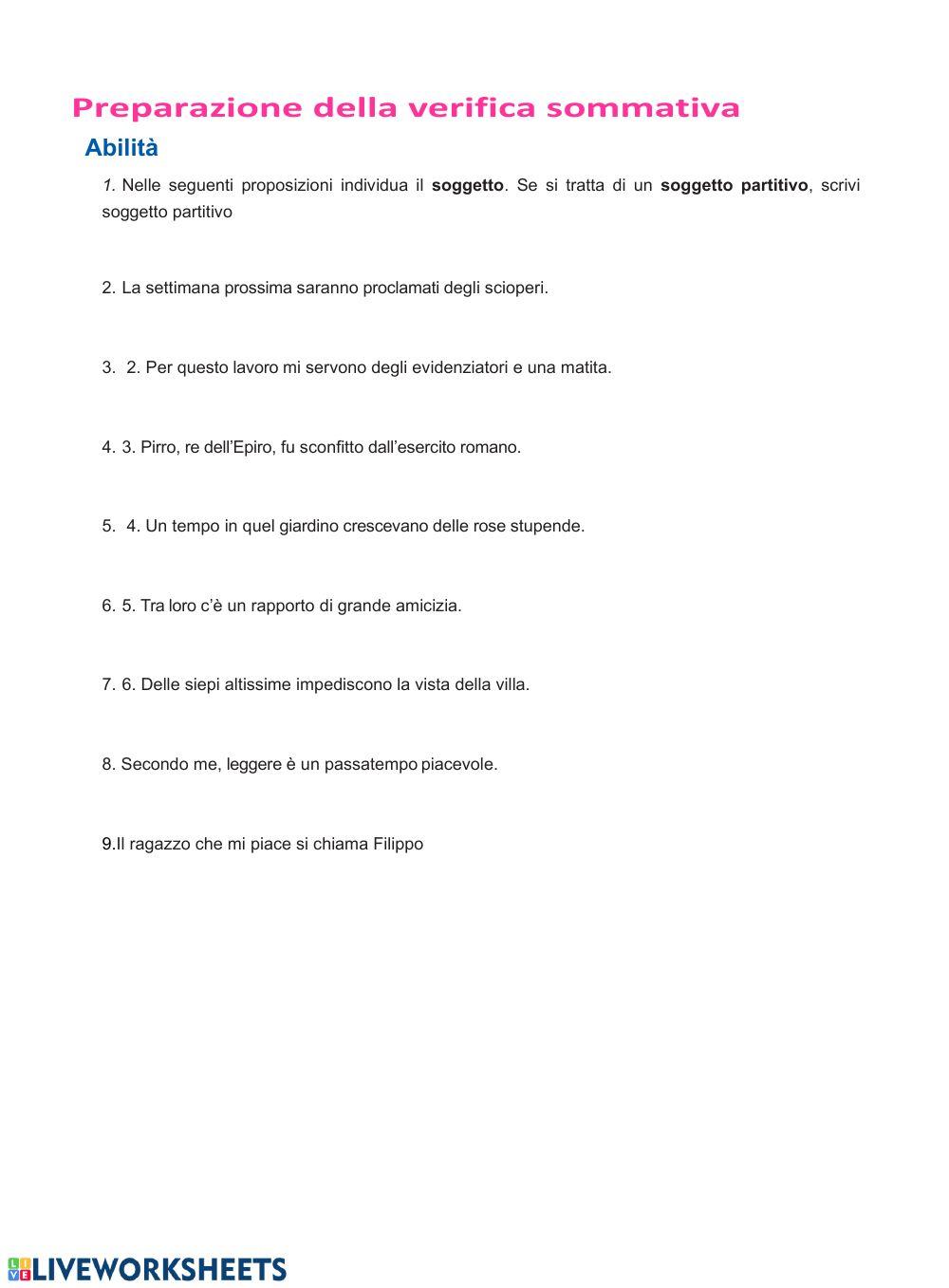 Preparazione della verifica soggetto e predicato