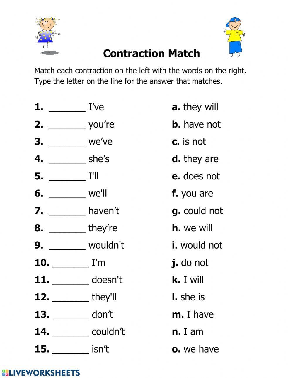 Contraction verb. Contractions Worksheets. Informal contractions exercises. To be contractions Worksheets. Contractions for Kids.