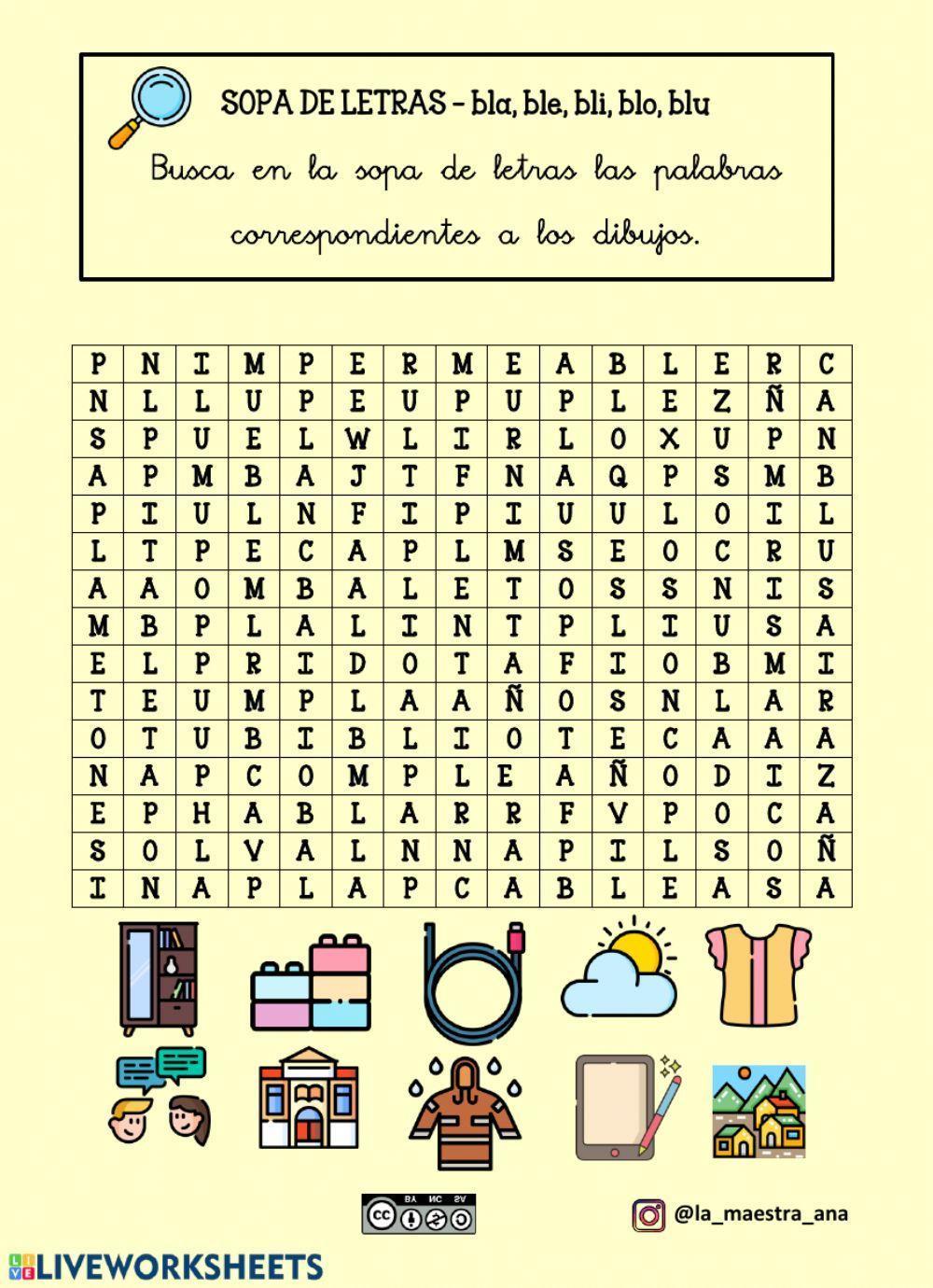 Sopa de letras bla, ble, bli, blo, blu