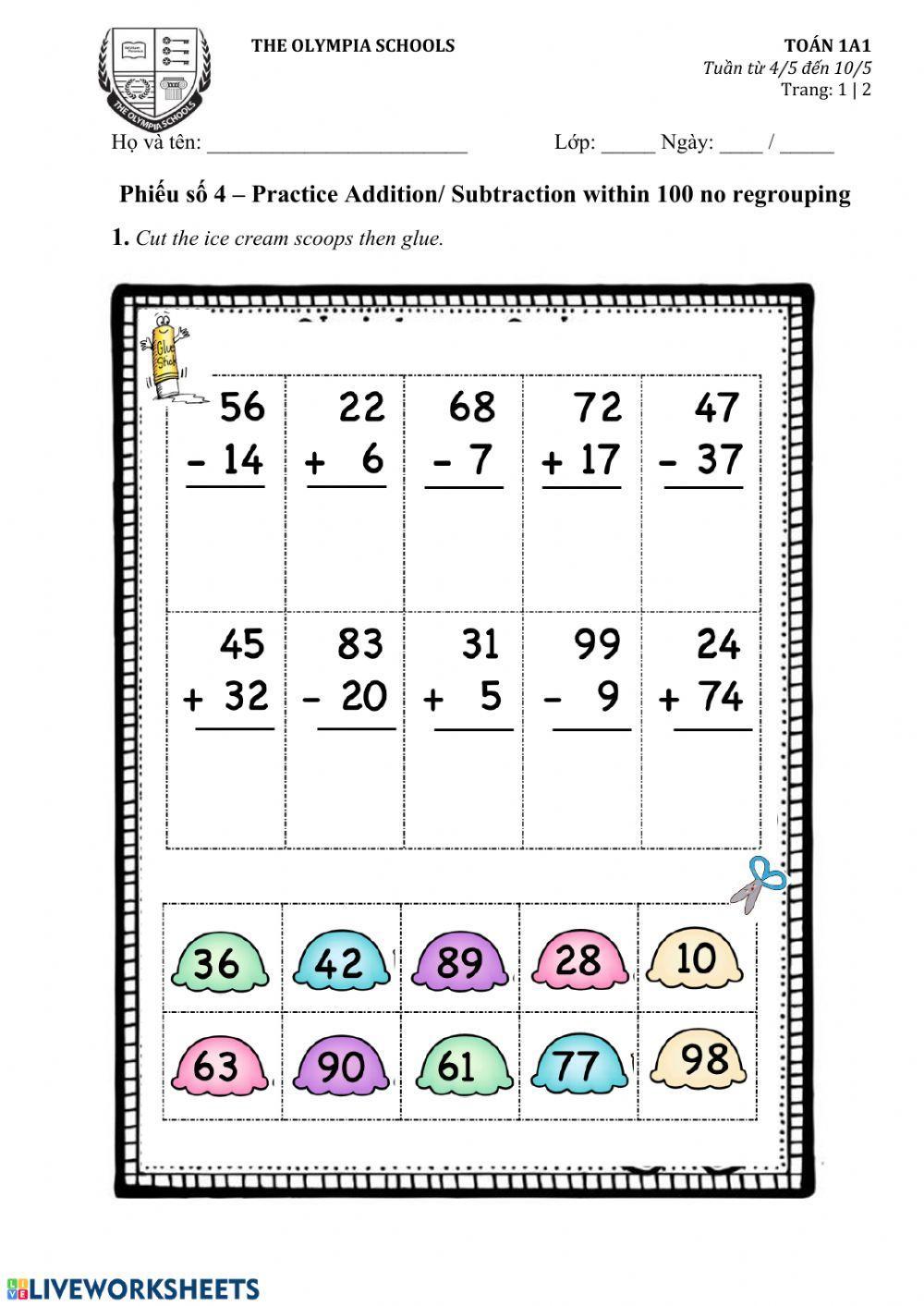 Practice Additon-Subtraction within 100 no regrouping