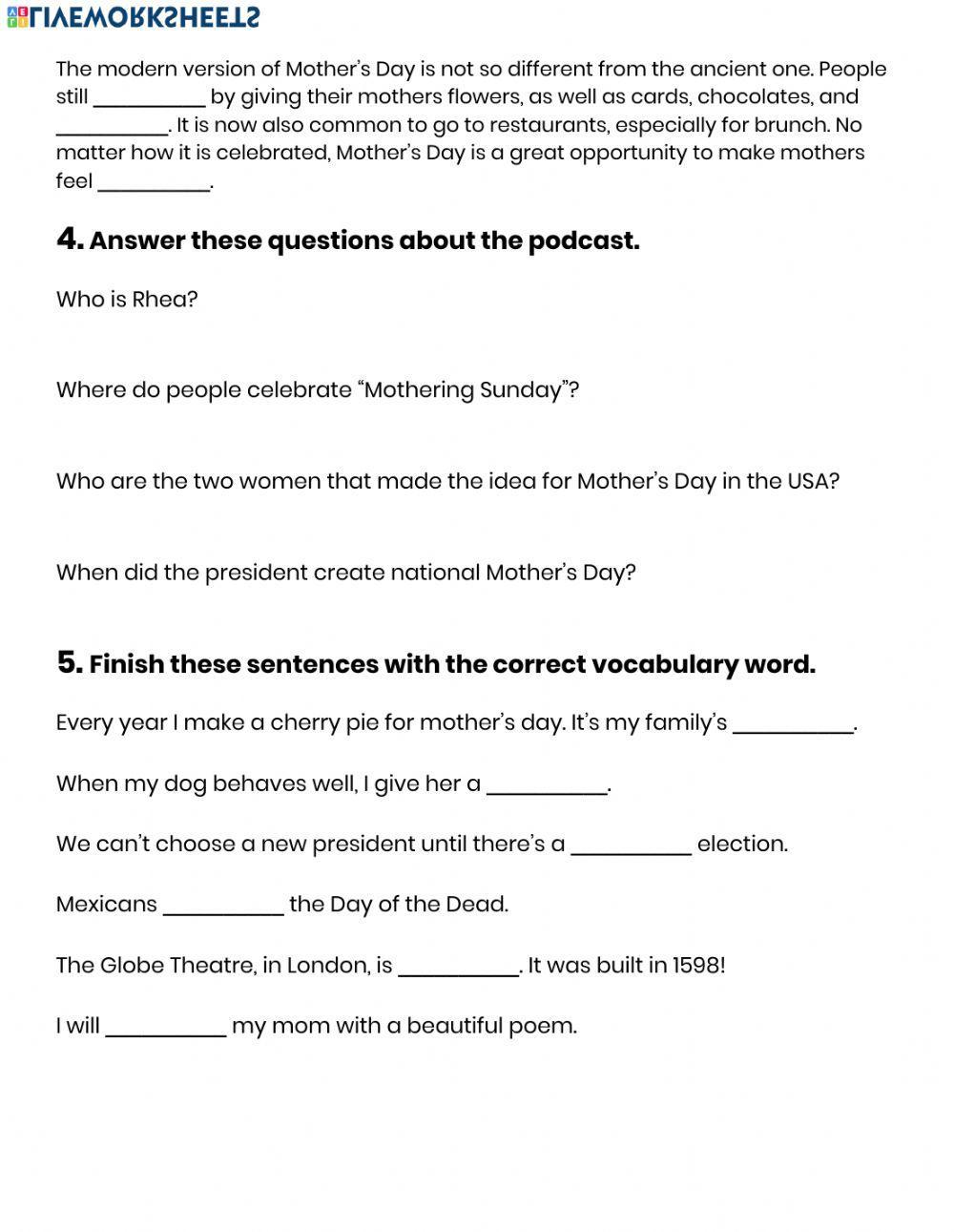 History of Mother's Day Listening Activity