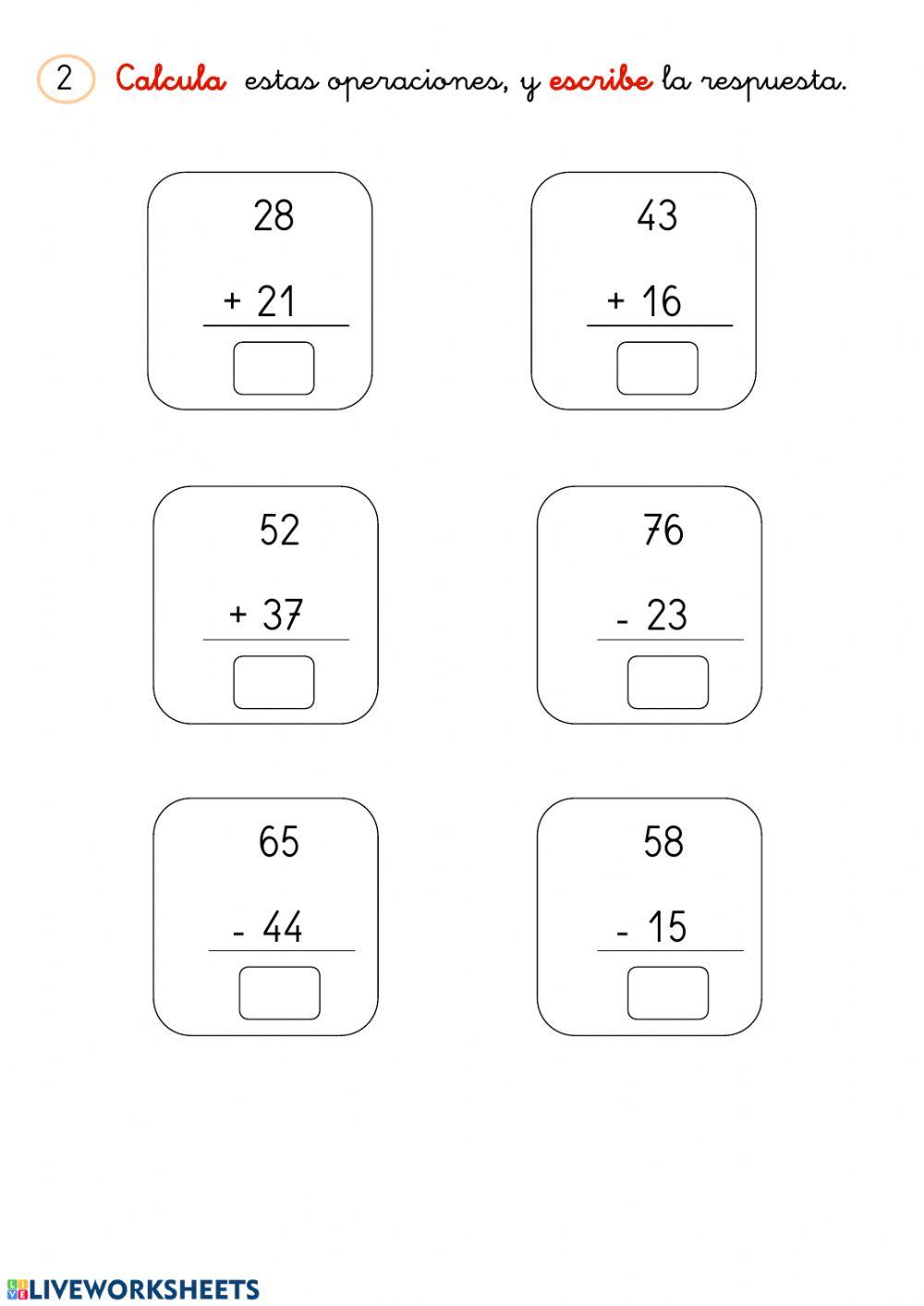 Cálculo + y - 2 cifras sin llevadas
