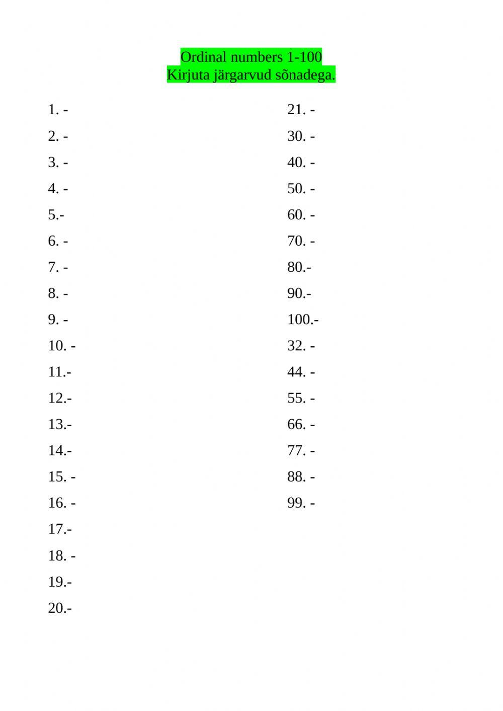 Ordinal Numbers 1-100