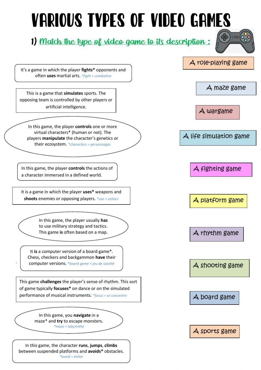 Questions about computers. Types of Video games. Types of Computer games. Types of videogames. Types of Video games Worksheets.