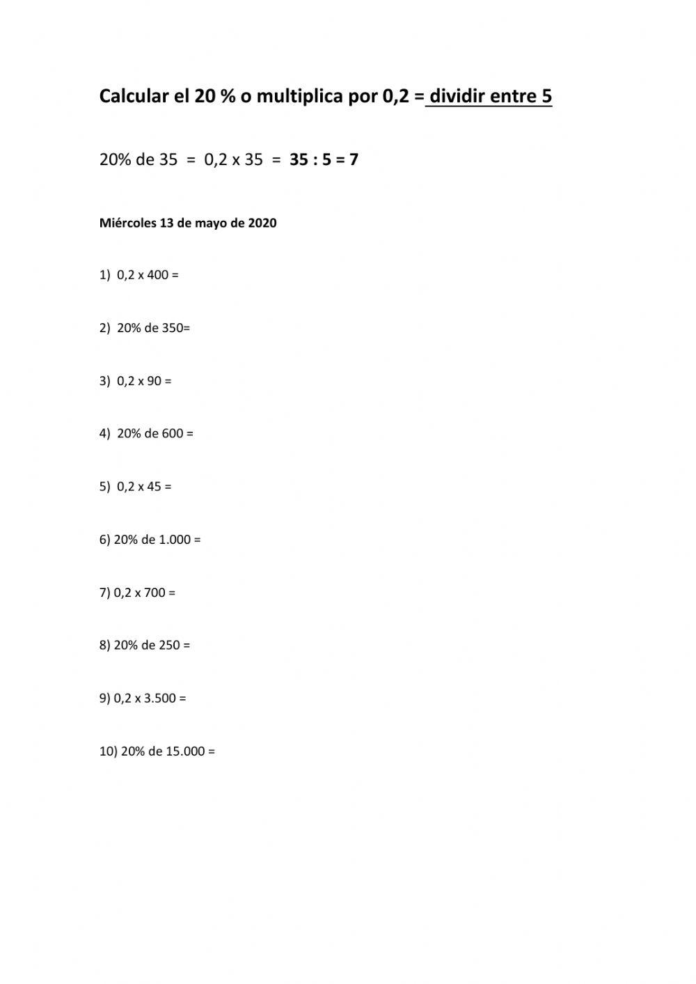 Cálculo mental: 20- o multiplicar por 0,2