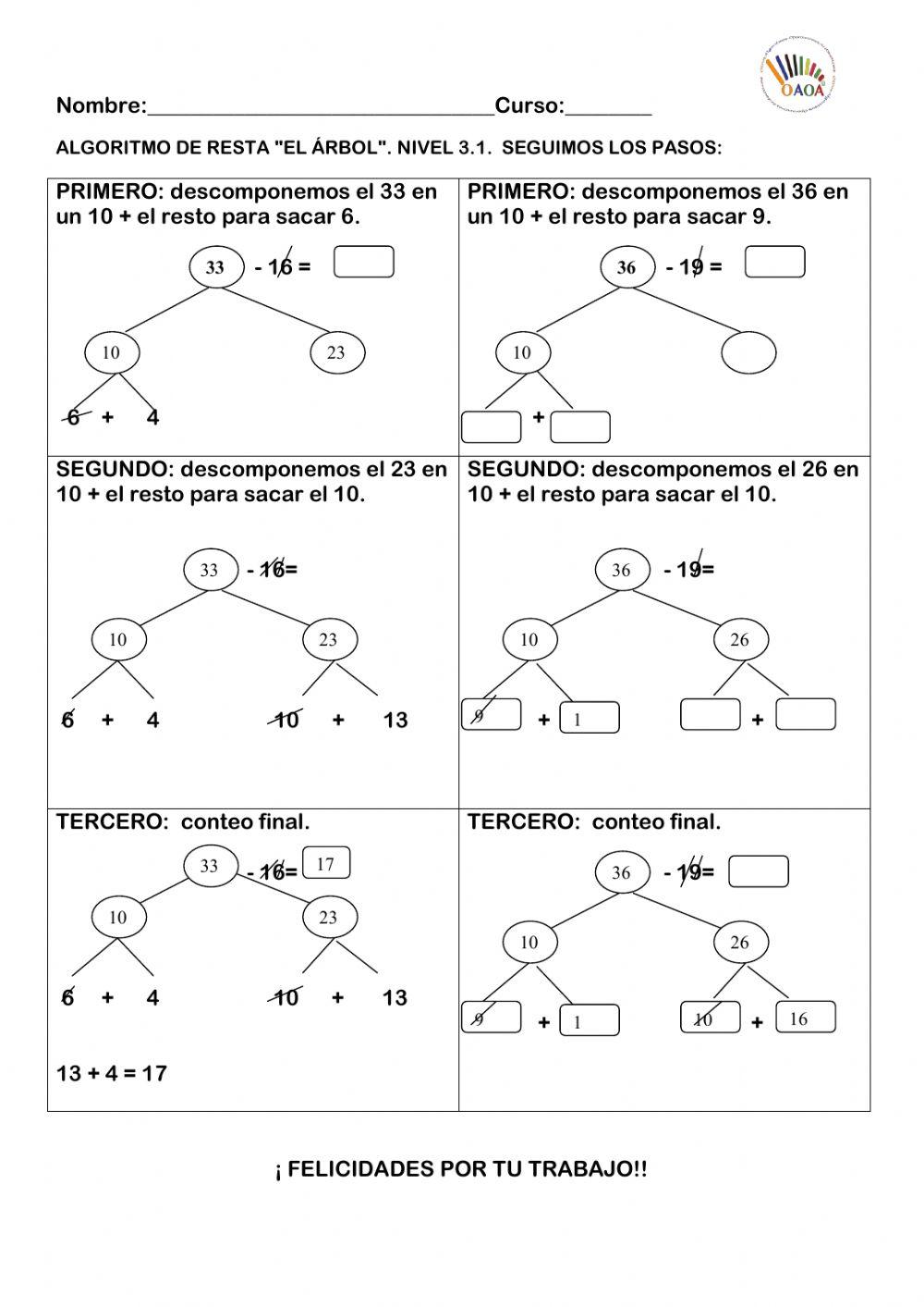 ALGORITMO DE RESTA. ÁRBOL. NIVEL 3. OAOA