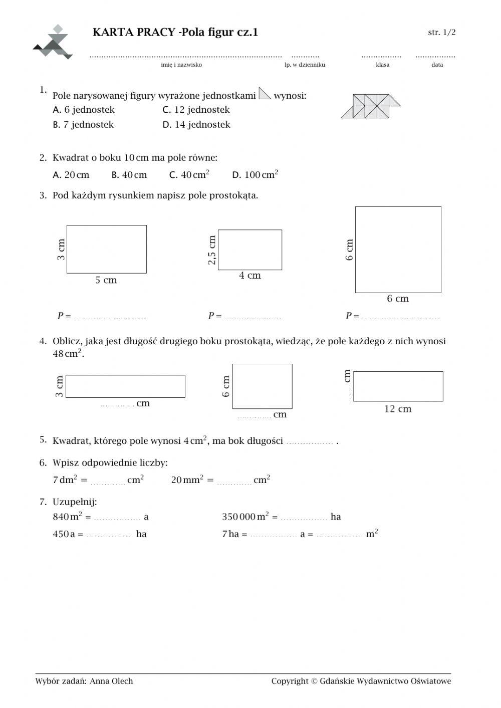 Sprawdzian Pola Figur Klasa 5 KARTA PRACY,,Pola figur- - część 1. online exercise for | Live Worksheets