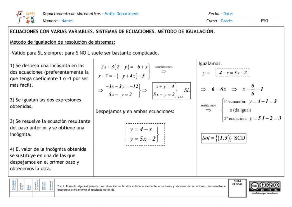 Sistemas de ecuaciones. Método de igualación