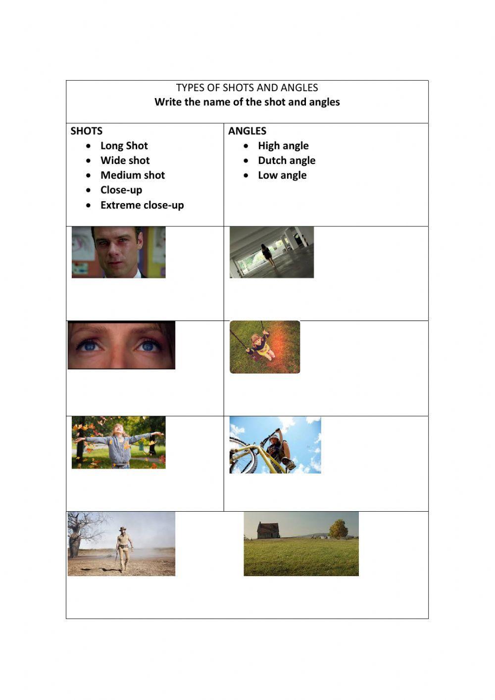 Camera angles and shots worksheet