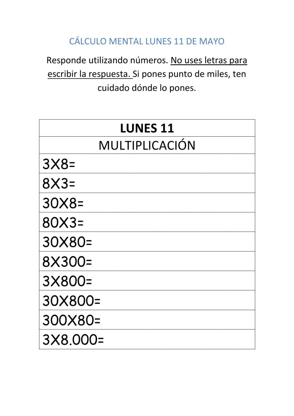 Cálculo mental 11 de mayo