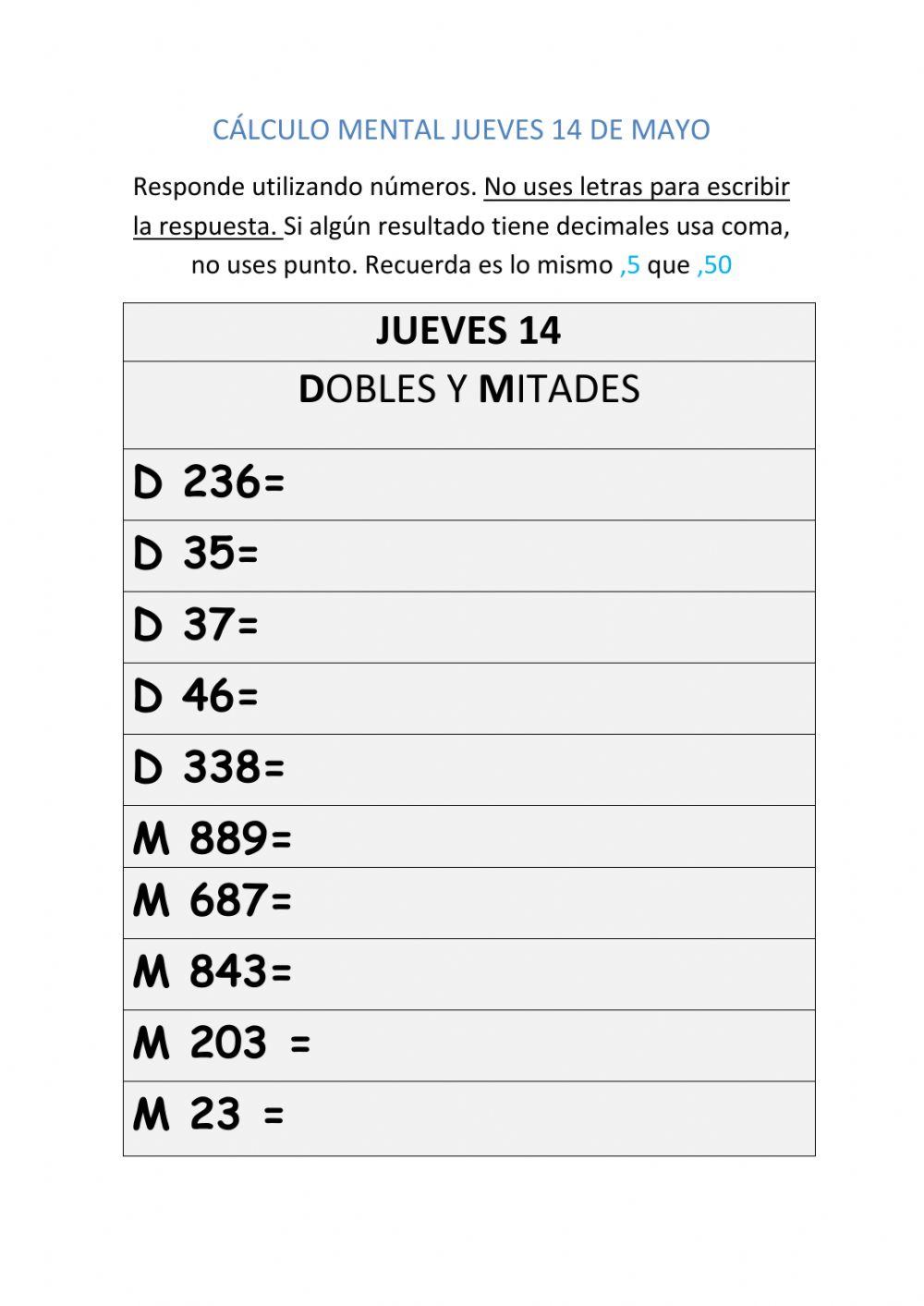 Cálculo mental 14 de mayo